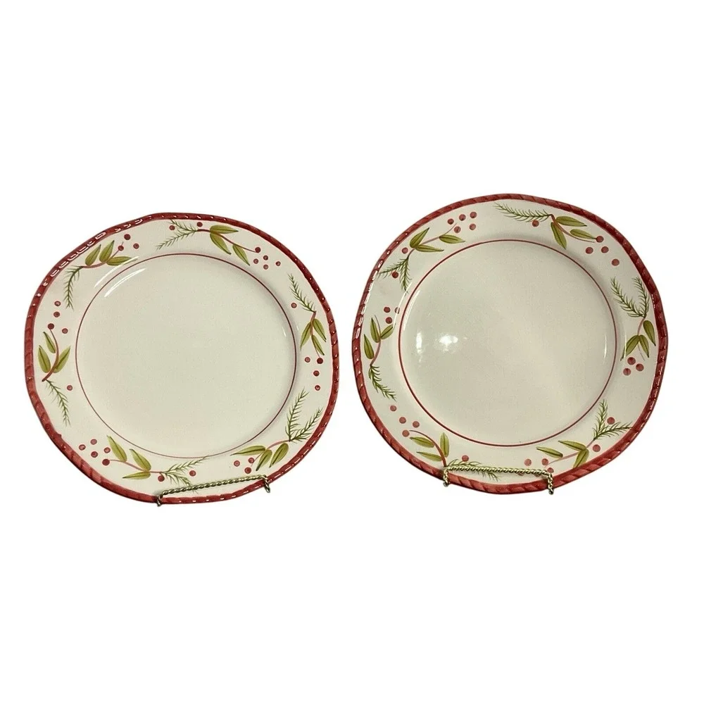 Canterbury Potteries Cranberry Wreaths Hand Painted‎ (2) Dinner Plates 10.5